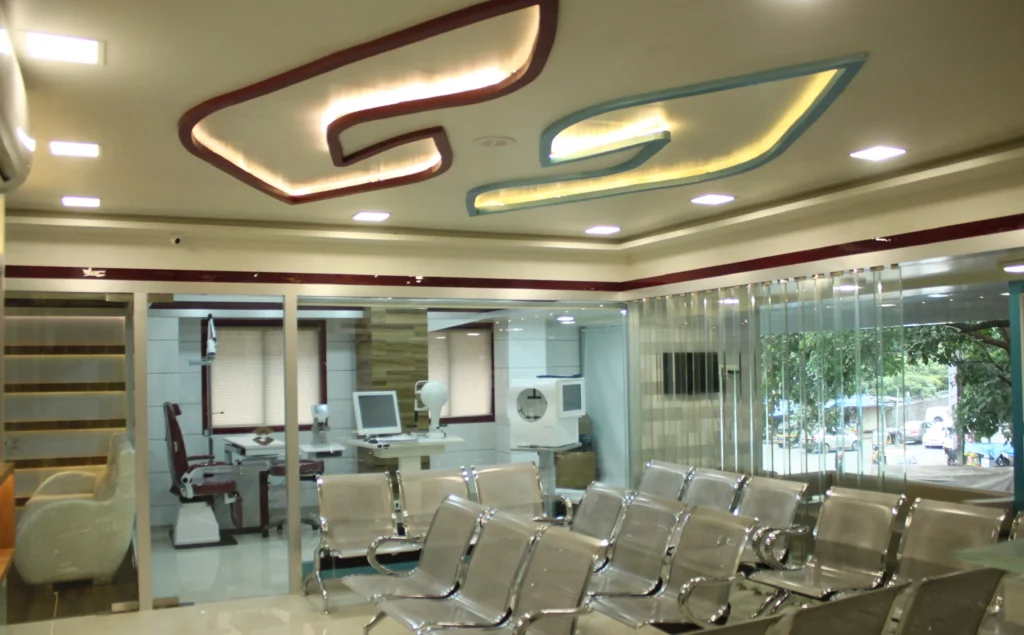 Modern eye hospital reception area with comfortable patient waiting room
