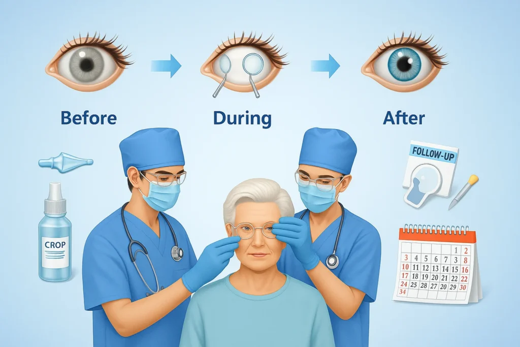 Medical illustration of cataract surgery preparation steps and procedures