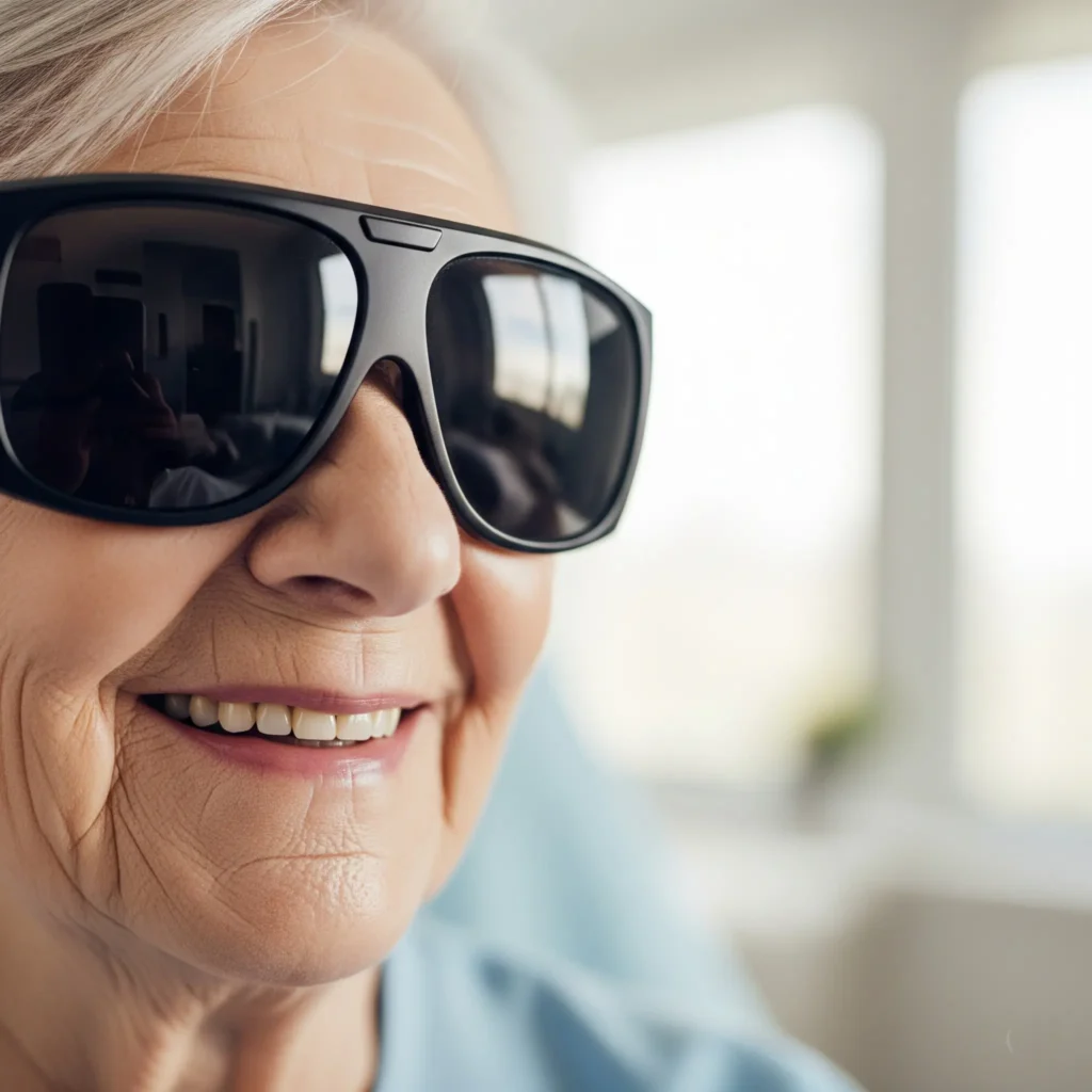 An elderly patient wearing protective sunglasses and smiling after cataract eye surgery.